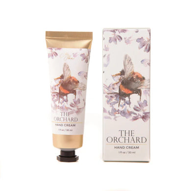 30ml tube of hand cream with a print of Meg Hawkins water colour art  in a bee design. Gold tube with black lid and presented in a full colour box.