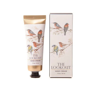 30ml tube of hand cream with a print of Meg Hawkins water colour art of a selection of birds. Gold tube with black lid and presented in a full colour box.