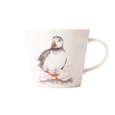 300ml Bone china mug with a print of water colour artist Meg Hawkins Puffin Design on the outside.