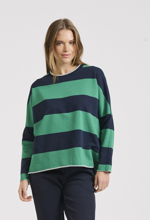 Est1971 Raw L/S Organic Cotton Stripe Sweatshirt - Emerald/Navy