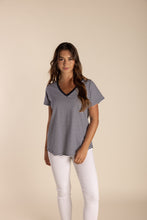 Load image into Gallery viewer, Two T&#39;s Cotton V Neck Tee - Navy Stripe
