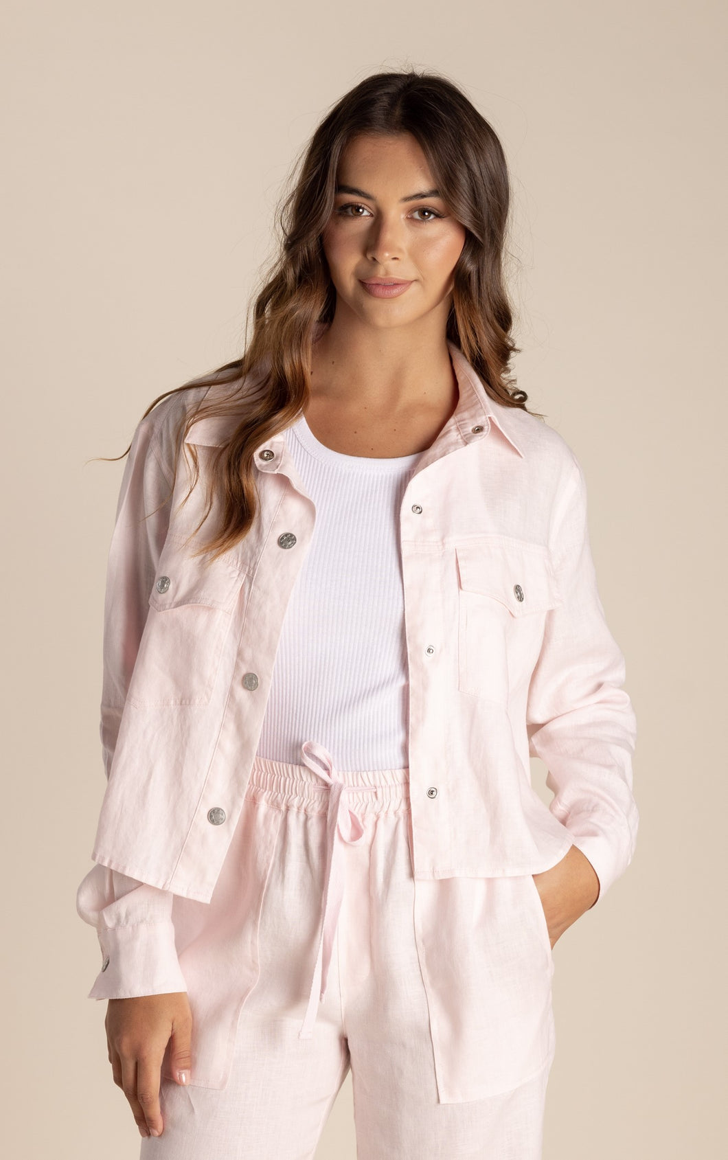 Two T's Linen Shirt Jacket - Pale Pink