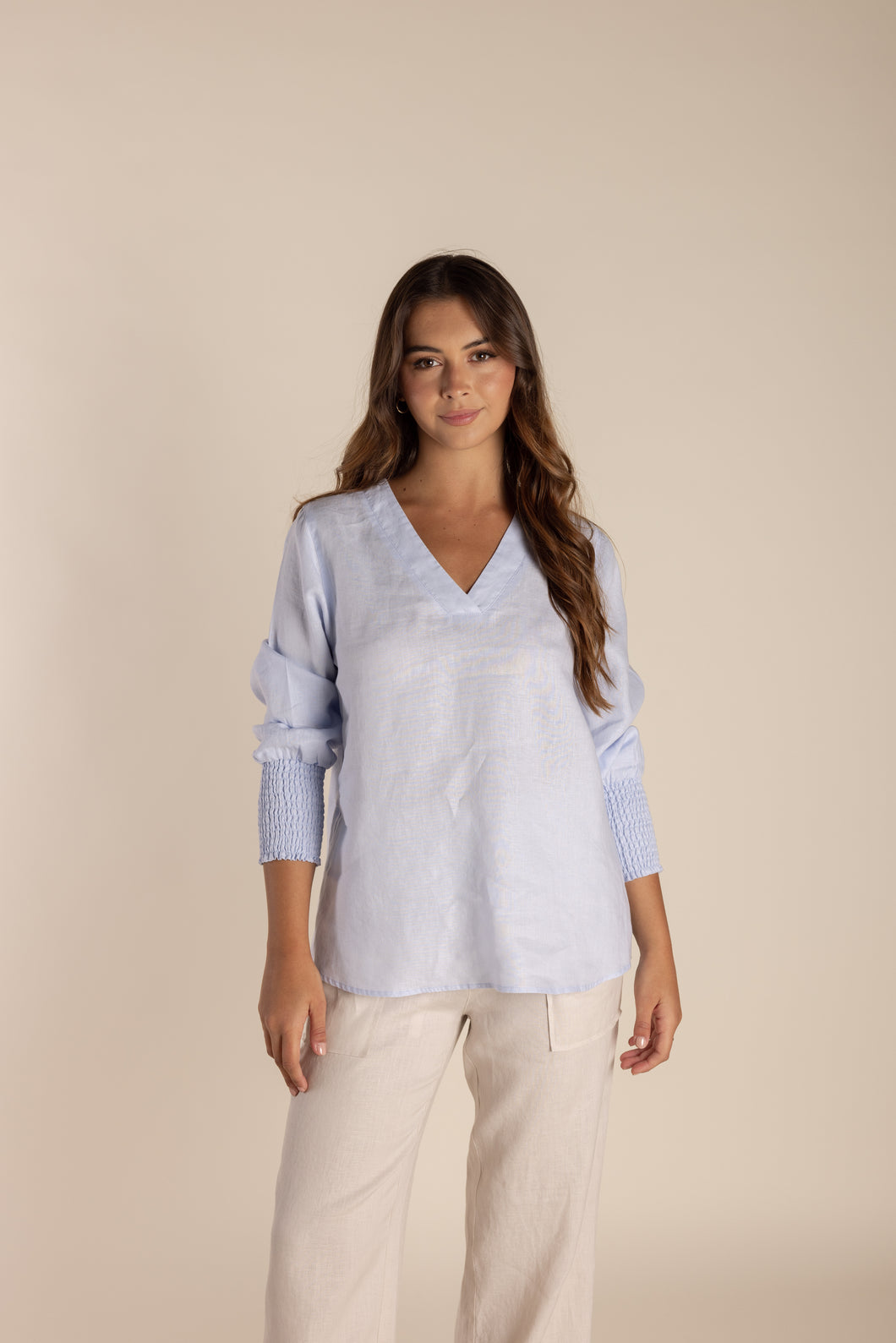 Two T's Linen Top with Shirred Cuff - Ice Blue