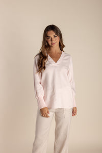 Two T's Linen Top with Shirred Cuff - Pale Pink