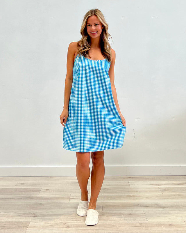 Cotton Slip Nightie - Turquoise Check