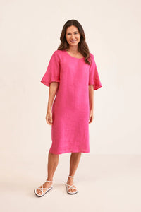 See Saw Linen Flutter Sleeve Dress - Hot Pink