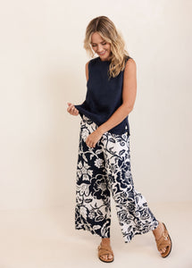 See Saw Linen Palazzo Pant - Navy Vine Print
