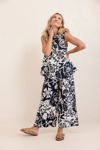 See Saw Linen Palazzo Pant - Navy Vine Print