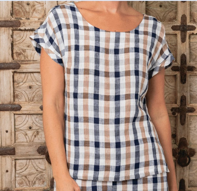 See Saw Linen Button Back Top - Navy/Bronze/White