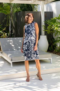 See Saw Linen Cowl Neck Dress - Navy Vine Print
