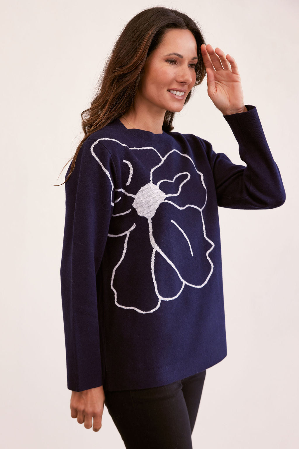See Saw wool blend Floral Design Jumper - Navy