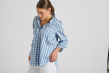 Load image into Gallery viewer, Shirty long sleeve cotton shirt in a girlfriend fit, not to big and not to fitted. Soft cotton in a blue/white/taupe check.
