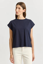 Load image into Gallery viewer, Toorallie Navy crew neck tee with sleeves that finish just below the shoulders. 
