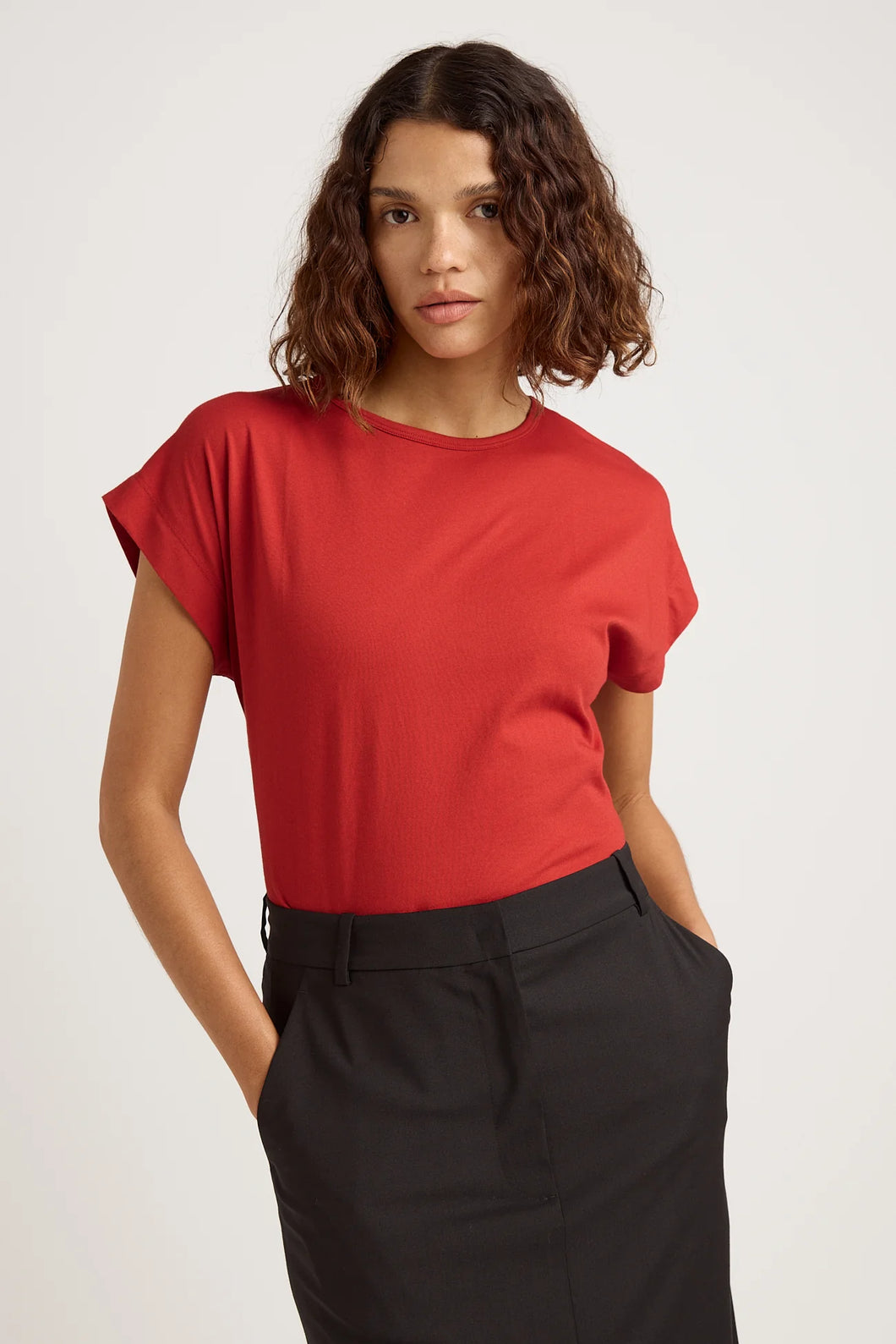 Toorallie super soft cotton tee in a dark red, crew neck and sleeves that fall just below the shoulder.