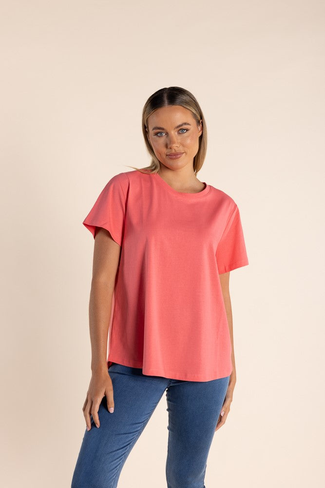 Two T's Cotton Crew Neck T Shirt - Coral