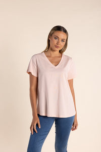 Two T's Cotton V Neck Tee - Rose Pink