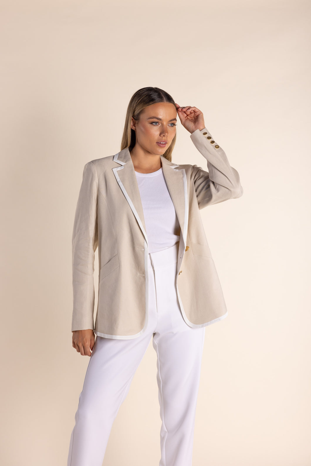 Two T's Linen Blend Blazer - Natural & White Trim