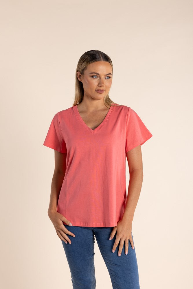 Two T's Cotton V Neck Tee - Coral