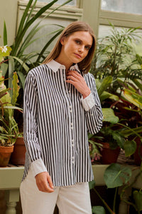 Shirt Women: 100% Cotton Shirty Bianca Classic Banker Shirt - Midnight Stripe