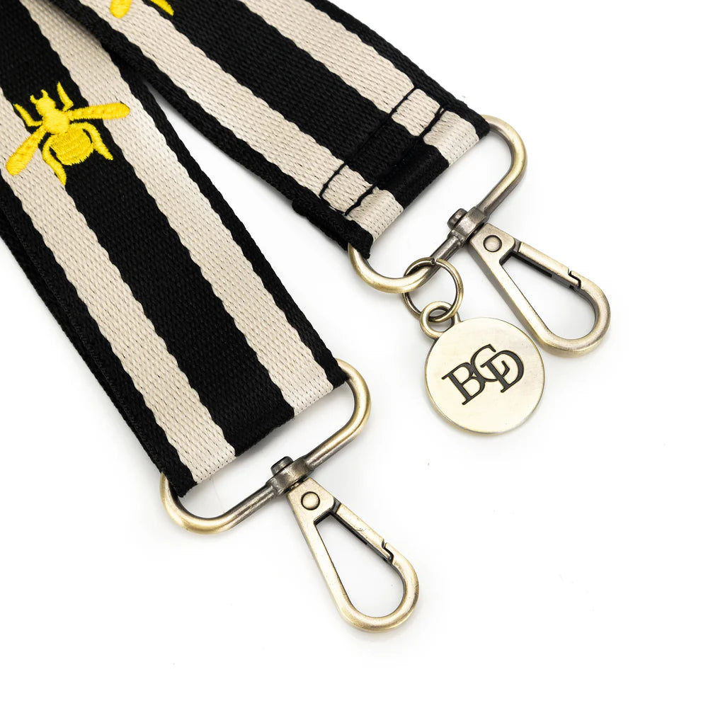 Adjustable Bag Strap in Black and White and adorned with Gold Bees