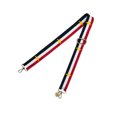 Detachable & adjustable bag straps in navy, red and white stripes and adorned with embroidered gold bees. Made from cotton and 3.8cm wide.