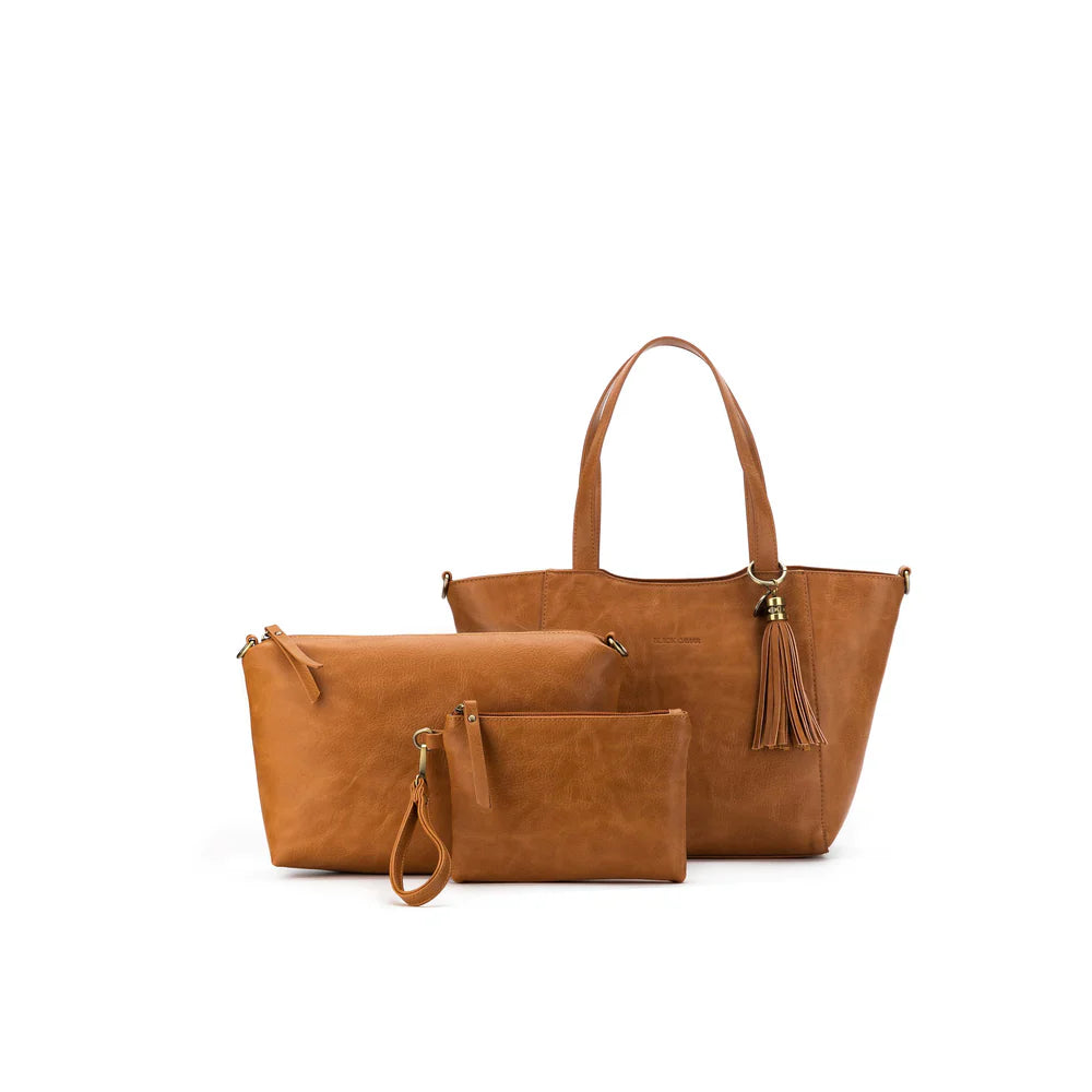 A set of 3 vegan leather handbags including a larger tote, a crossbody bag and a clutch all in the colour tan.  An added bonus of 2 extra straps are included.