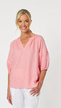 Load image into Gallery viewer, Gordon Smith linen Coral coloured Popover style top in a relaxed fit. Featuring a V neck, ¾ sleeves with pleat detail &amp; elastic cuffs and a high low hem.
