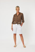 Load image into Gallery viewer, Classic style sheer shirt with long sleeves in a brown &amp; white spot pattern.
