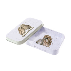 Wrendale mini tin, 96mmx60mmx20mm illustrated on every surface with artwork of owls by Hannah Dale