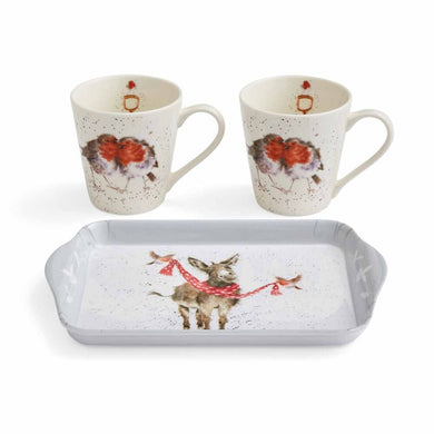 Two mugs with Red Robins on them with a small tray with the illustration of a donkey and two robins tying a red spotty  scarf around his neck.