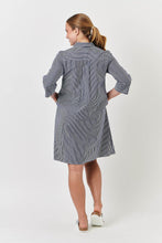 Load image into Gallery viewer, Enveloppe Cotton Poplin 3/4 Sleeve Shirt Dress - Navy Stripe
