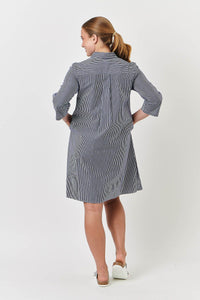 Enveloppe Cotton Poplin 3/4 Sleeve Shirt Dress - Navy Stripe
