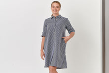 Load image into Gallery viewer, Enveloppe Cotton Poplin 3/4 Sleeve Shirt Dress - Navy Stripe
