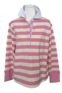 Est 1971 All-Season Womens Striped Cotton Rugby Jumper in Pink and White