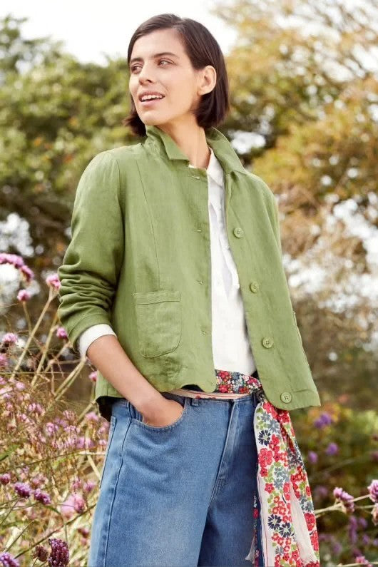 Seasalts hip length linen jacket with collar and 5 button front.