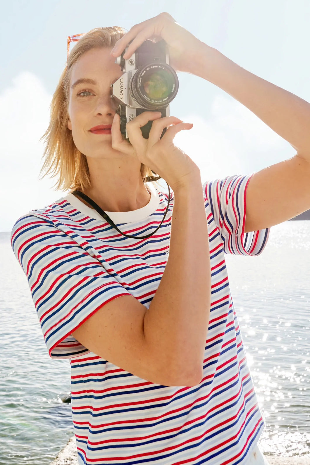 Organic cotton crew neck t-shirt in red,white & blue stripes. 