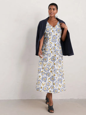 Cotton V neck fit & flare midi length dress in a pretty agapanthus floral print.