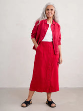 Load image into Gallery viewer, Linen Midi skirt with full button front, side pockets &amp; back patch pockets, belt loops and midi length in red
