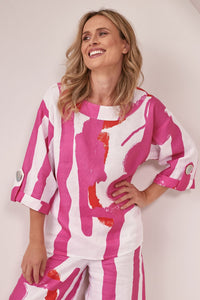 See Saw 3/4 Sleeve Linen Top with Feature Buttons - Pink/Orange