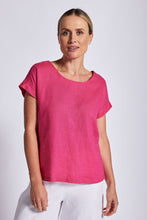 Load image into Gallery viewer, Women top: Linen round neck,short sleeve top with buttons down the back in Hot Pink from the brand See Saw
