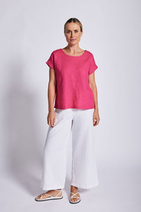 See Saw Linen Cap Sleeve Button  Back Top - Hot Pink