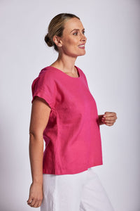 See Saw Linen Cap Sleeve Button  Back Top - Hot Pink