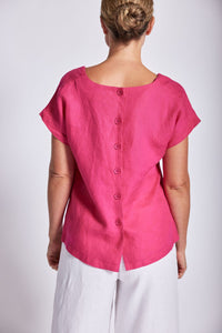 See Saw Linen Cap Sleeve Button  Back Top - Hot Pink