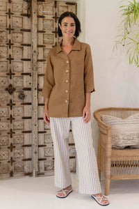 See Saw Linen 3/4 Elegant Sleeve Shirt - Toffee