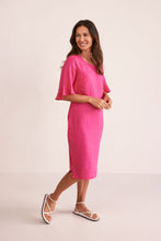 Load image into Gallery viewer, Hot Pink linen dress in a straight style and just below the knee. Elbow length sleeves, round neck and side splits at the hem.
