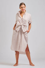 Load image into Gallery viewer, Shirty cotton longline relaxed fit shirtdress with cuffed short sleeves. Comes with matching belt tie. Stone &amp; white stripe.
