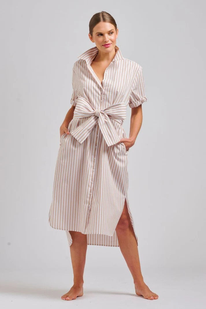 Shirty cotton longline relaxed fit shirtdress with cuffed short sleeves. Comes with matching belt tie. Stone & white stripe.