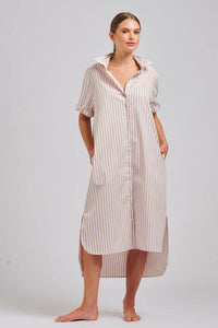 Shirty Annie Relaxed Longline Shirtdress - Stone White Stripe