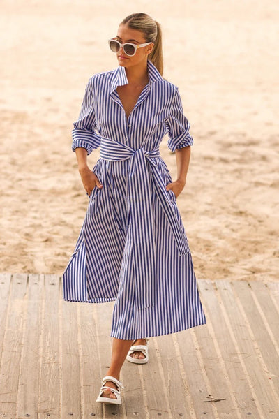 Shirty Versatile Luna Longline Shirtdress Navy White Stripe Monty Moo