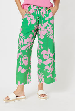 A wide leg pant with elastic waist in Emerald and pink abstract floral print. Made from viscose and super soft.